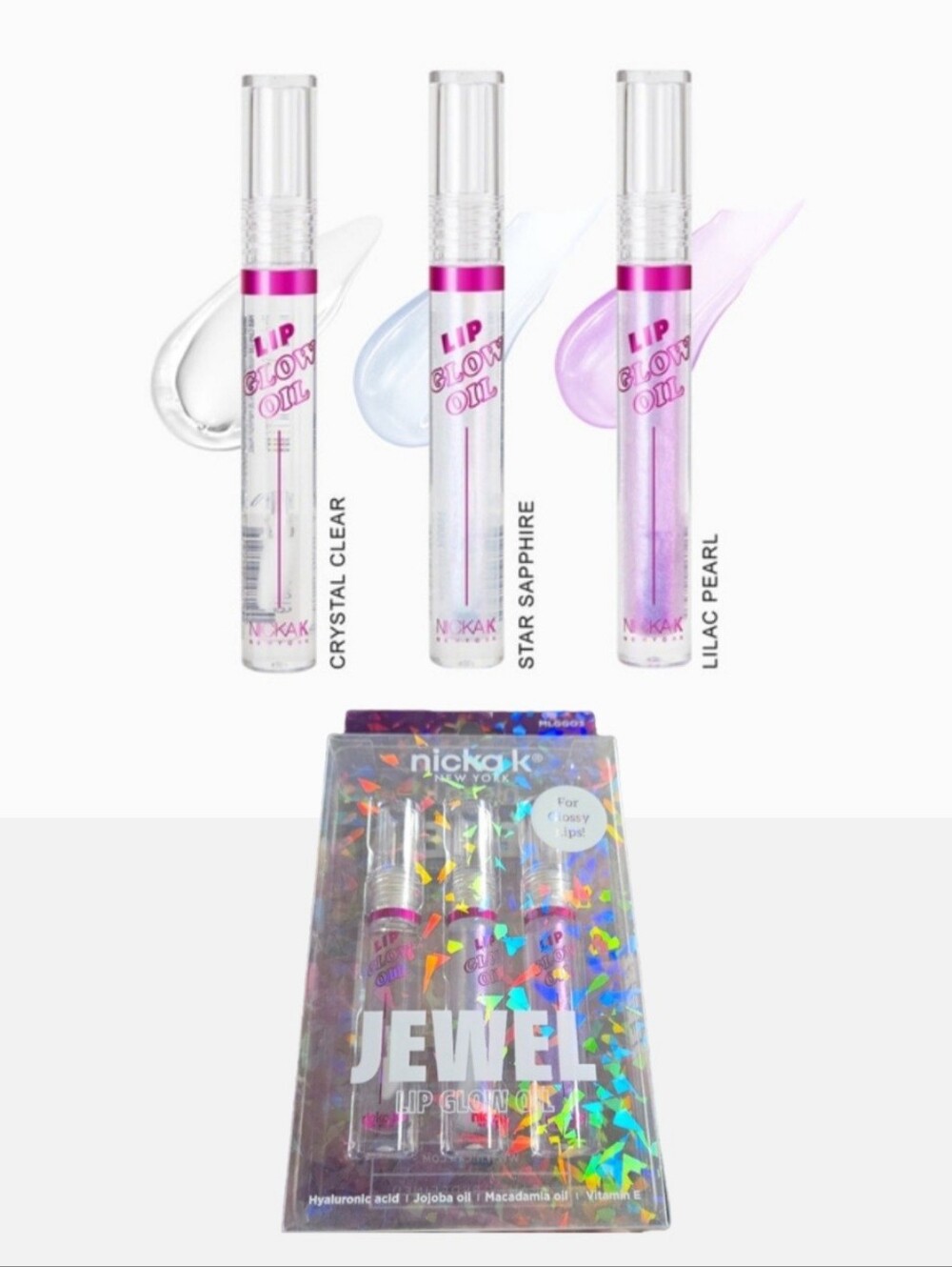 NWT NICKA K JEWEL LIP GLOW OIL TRIO: CRYSTAL CLEAR, STQR SAPPHIRE, LILAC PEARL!